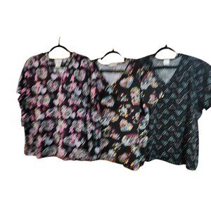 Scrubstar Womens Scrub Tops Lot Of 3 Printed Short Sleeve V-Neck Cotton Blend Si